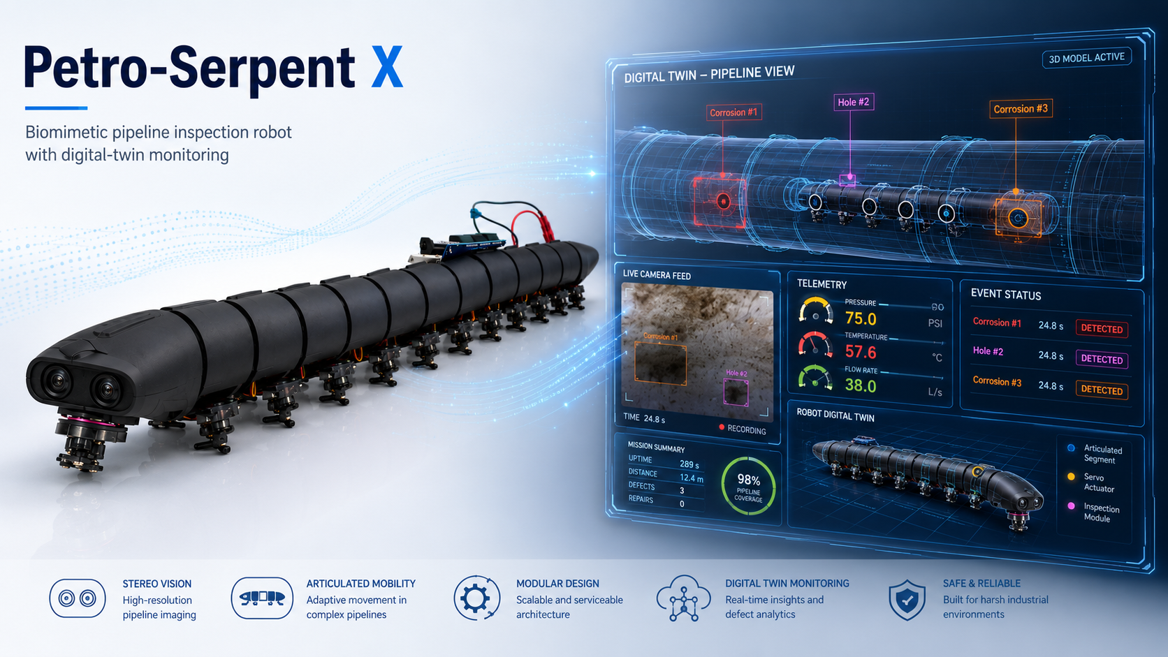 صورة مشروع Petro-Serpent X: A Biomimetic Snake Robot for AI-Assisted Internal Inspection and Digital-Twin Monitoring of Oil and Gas Transmission Pipelines